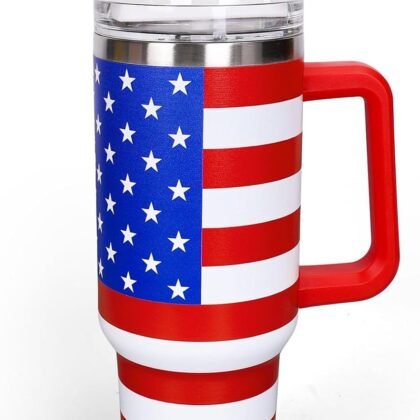 Whaline 40oz 4th of July Patriotic Tumbler with Handle Straw and Lid Red Blue Stars Stripes USA Flag Travel Tumbler Independence Day Coffee Cup for Holiday Birthday Party Favors