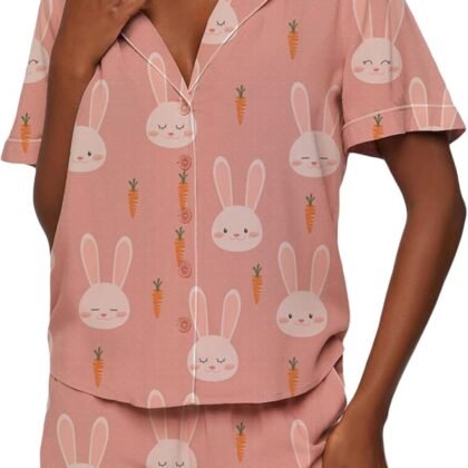 RUEWEY Women’s 2 Piece Pajamas Set Cute Bunny Print Short Sleeve Button Down Shirt Shorts Lounge Set Sleepwear