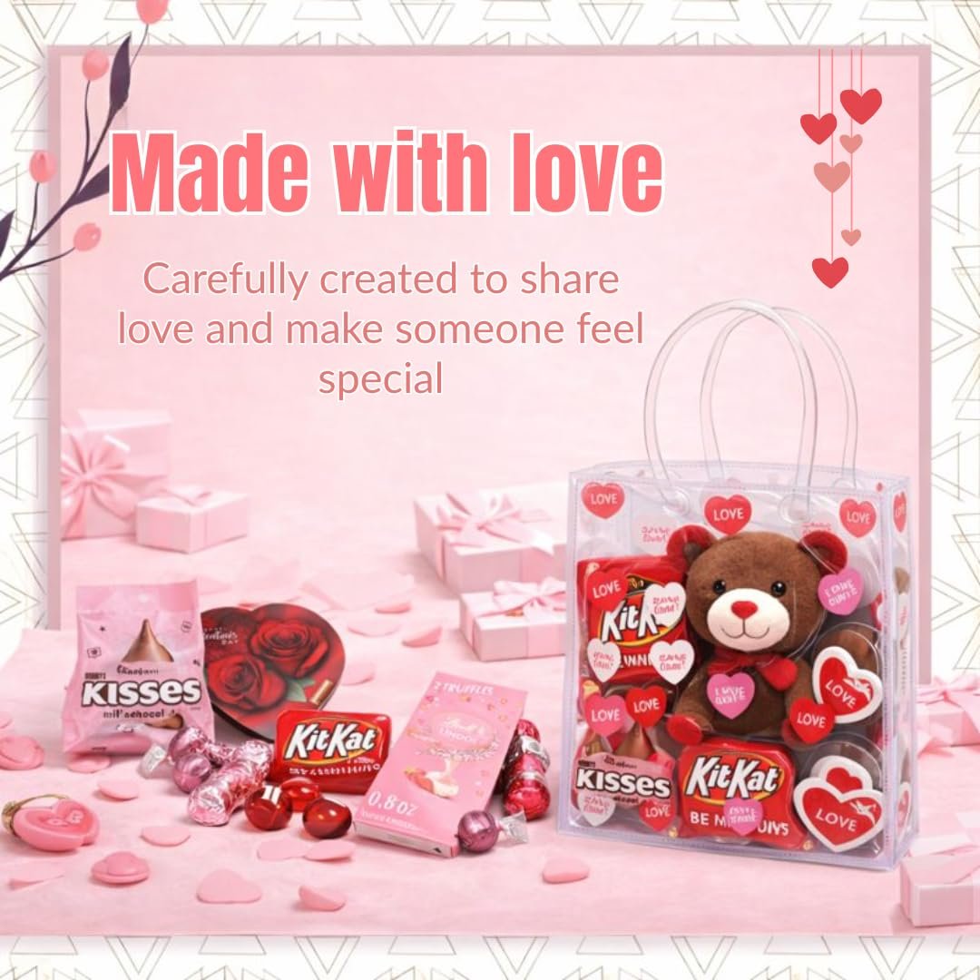 Valentine’s Day Package with Teddy Bear & Chocolate – Romantic Candy Gift Set for Her or Him, Valentine Day Gift Basket with Sweets, V-Day Heart Bag & Greeting Card Included - Image 2