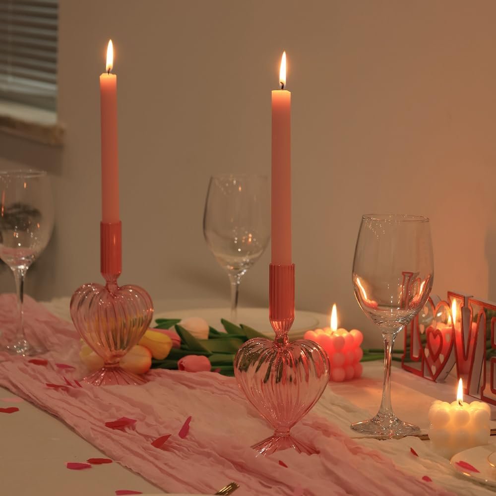 NEEDOMO Valentines Day Decorations, Set of 2 Pink Heart Glass Candlestick Holders for Valentines Decor, Taper Candle Holders Table Centerpieces for Romantic Wedding Party Mantel Decor - Image 6