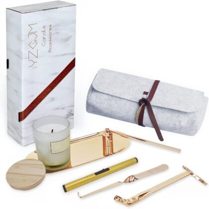 Exquisite Candle Accessories Tool Pack Bag, Rechargeable Electric Lighter, Wick Trimmer, Dipper, Snuffer and Tray Holder Elegant Kit Gift for Candle Lovers in Dating, Valentines Decor. (French Gold)