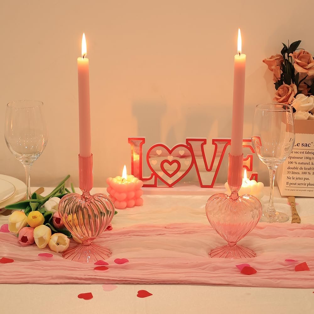 NEEDOMO Valentines Day Decorations, Set of 2 Pink Heart Glass Candlestick Holders for Valentines Decor, Taper Candle Holders Table Centerpieces for Romantic Wedding Party Mantel Decor - Image 2