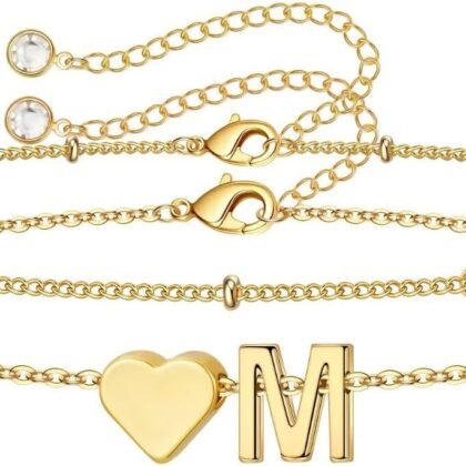 M MOOHAM Easter Gifts for Kids Teens Girls - 14K-Gold-Plated Heart Initial A-Z Bracelets for Women Girl Dainty Gold Bracelets Birthday Easter Basket Stuffers Gifts for Women Teenage Girls Kids Teens