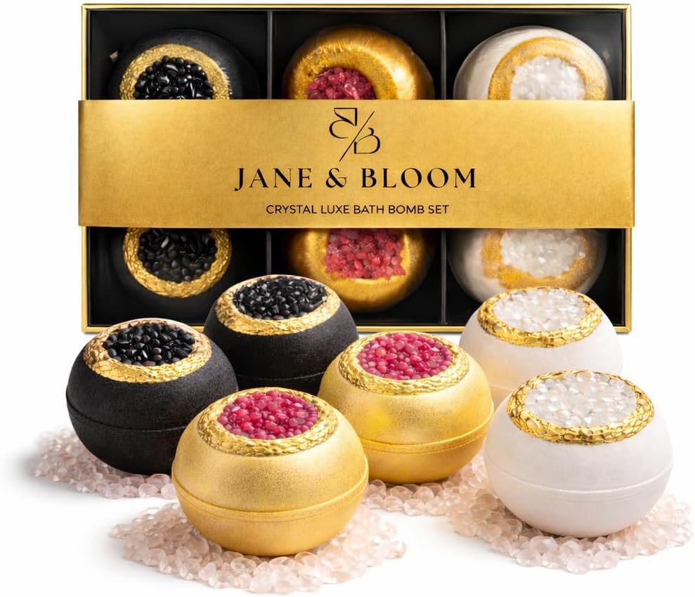 Crystal Luxe Bath Bomb Set, 6 Luxury Bath Bombs by Jane & Bloom, Moisturizing Fizzies for Relaxing Home Spa, Gift Set for Women, Men and Teens, Valentine's Day Gift Set - Image 9