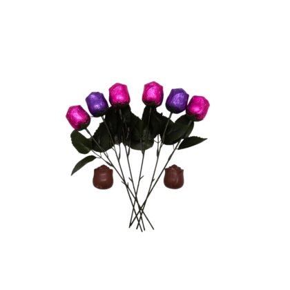 Chocolate Rose Bouquet – Foil Wrapped Pink and Purple Rosebuds with Chocolate Roses, Valentine’s Day, Pack of 6