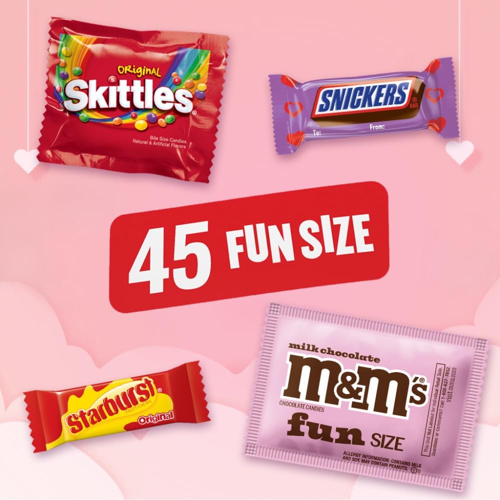M&M’S, SNICKERS, SKITTLES & STARBURST Fun Size Variety Pack, Valentines Candy Bulk to Share, Hand out, 45 Count - Image 4