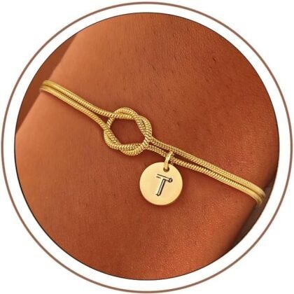 Turandoss Easter Basket Stuffers for Kids Teen Girls Women Gold Initial Bracelets - 14K Gold Plated Love Knot Letter A-Z Initial Bracelet Dainty Letter Bracelet Birthday Wedding Easter Gifts for Women