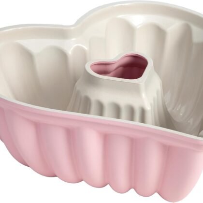 Paris Hilton Heart Shaped Fluted Cake Pan, Cast Aluminum with Clean Ceramic Nonstick Bakeware, Dishwasher Safe, Made without PFAS, PFOA, PFOS & PFTE, 9-Inch, Pink