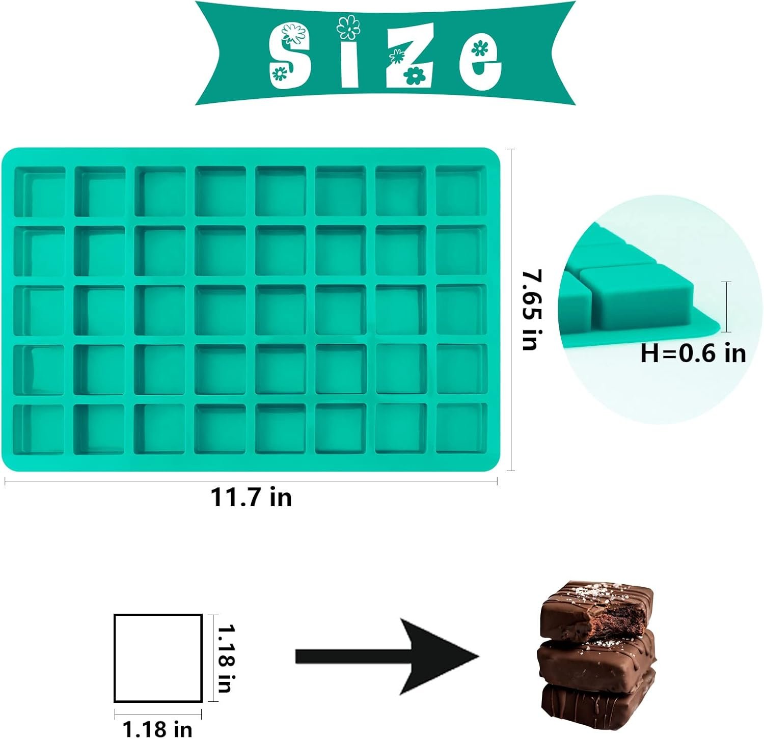 Sakolla Square Chocolate Mold, 40 Cavities Silicone Cube Mold for Chocolate, Candy, Caramel, Ice Cubes, Ganache, Gummy - Image 2