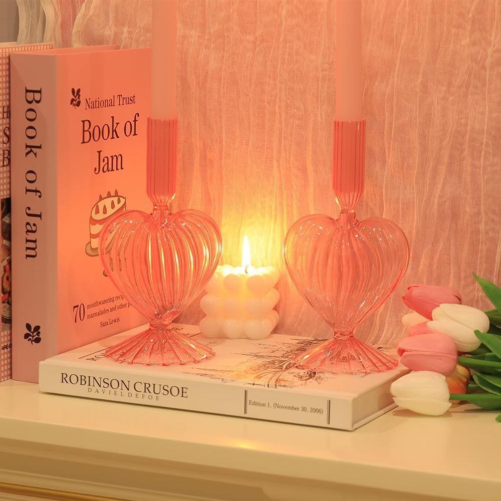 NEEDOMO Valentines Day Decorations, Set of 2 Pink Heart Glass Candlestick Holders for Valentines Decor, Taper Candle Holders Table Centerpieces for Romantic Wedding Party Mantel Decor - Image 5