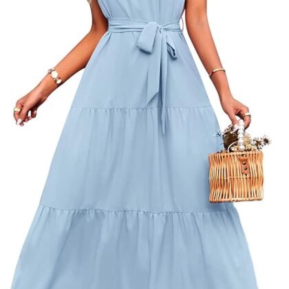 PRETTYGARDEN Women's Summer Floral Maxi Sun Dress Sleeveless Halter Neck Flowy Ruffle Hem Long Boho Dresses with Belt