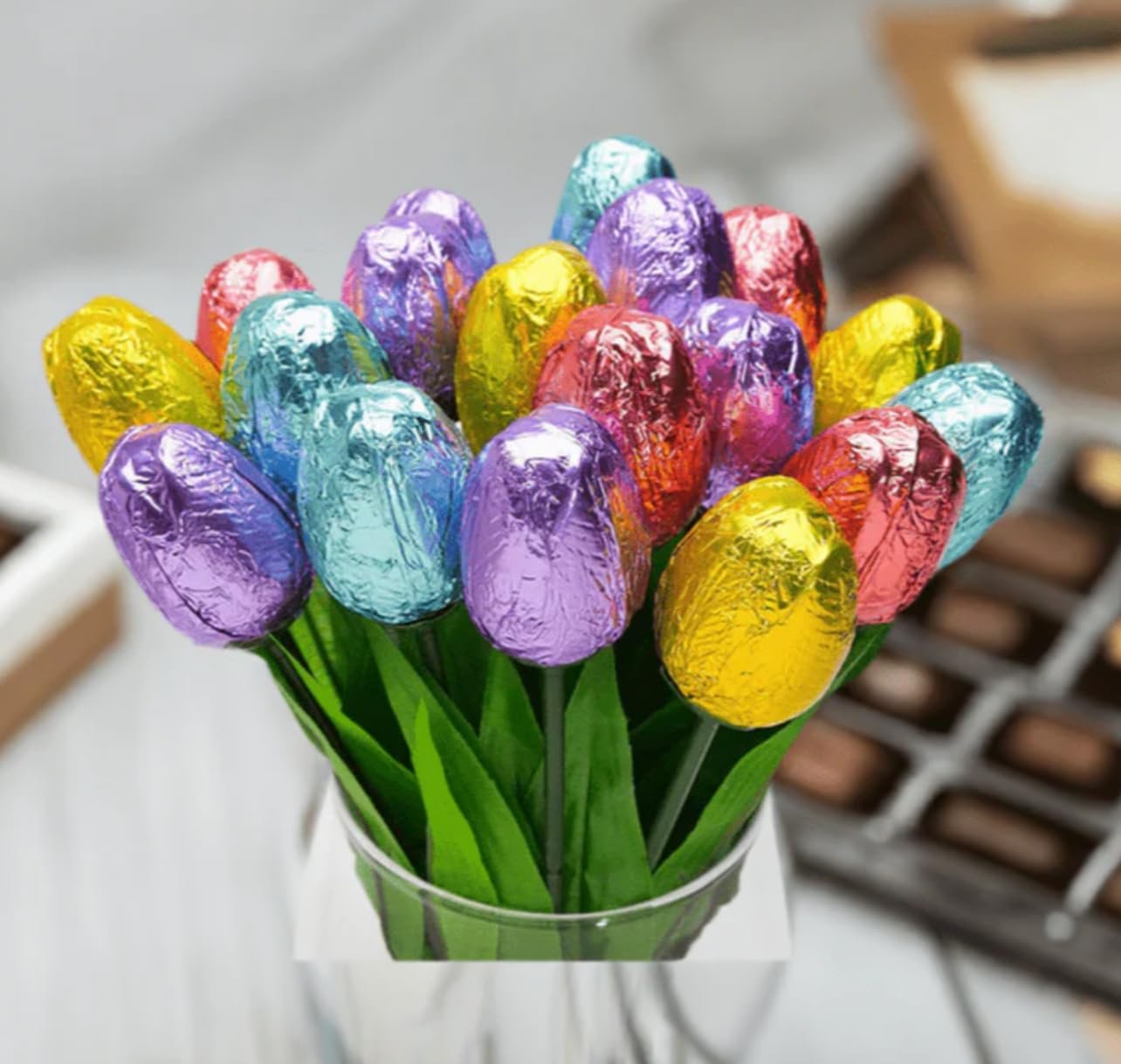 Milk Chocolate Tulip Flowers Bouquet, 1.2 Oz, Mother's Day Gift, Easter Basket Stuffer, Colorful Foil Wrapped - Image 4