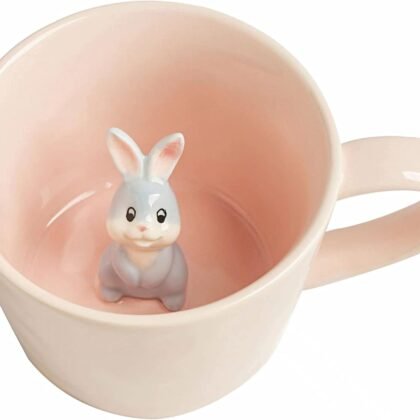 DIHOclub Rabbit Ceramic Cup Hidden 3D Animal Inside Mug,Cute Cartoon Bunny Handmade Figurine Mugs,Easter Gifts,12 OZ (Pink)