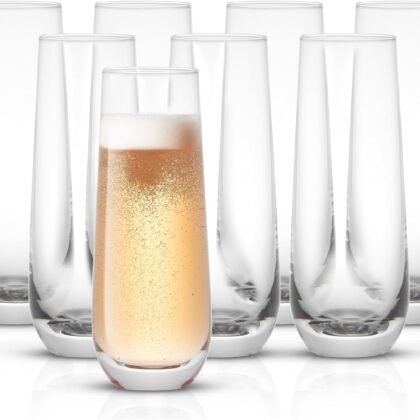 JoyJolt Milo Stemless Champagne Flutes Set of 8 Crystal Glasses. 9.5oz Prosecco Wine Flute, Mimosa Glasses, Cocktail Glass Set, Water Highball Glass, Bar Glassware