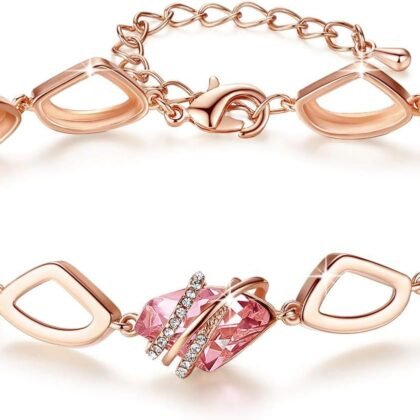 Leafael Wish Stone Link Charm Bracelet with Birthstone Crystals, Rose Gold Plated or Silver-tone, 7"+2"