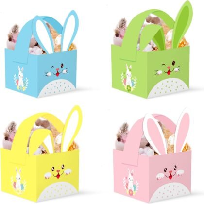 LONGIM 12pcs Easter Basket Bulk Paper Treat Boxes Containers with Handle, Happy Easter Box Cute Bunny Small Baskets Candy Gift Box Rabbit Cookie Holder for School Classroom Party Favor Decor Supplies