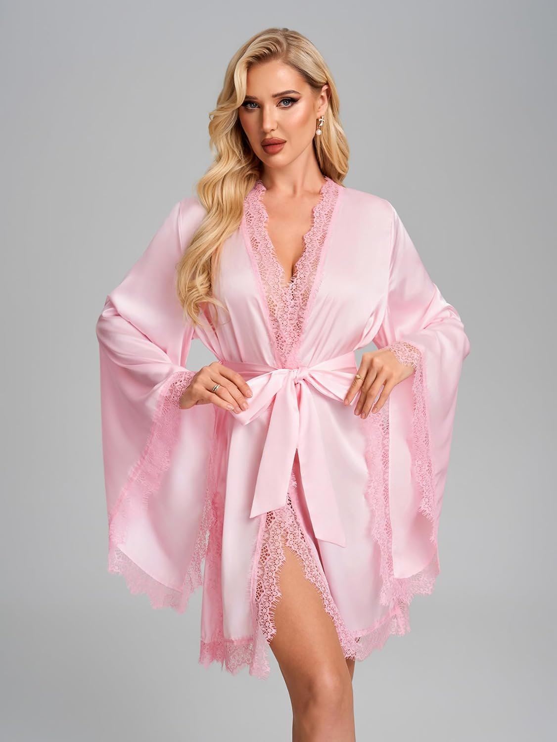 Womens Satin Robe Lace Trim High Side Slit Kimono Short Silky Bathrobe Sexy Sleepwear Eyelash Lace Trim Bell Sleeve - Image 2