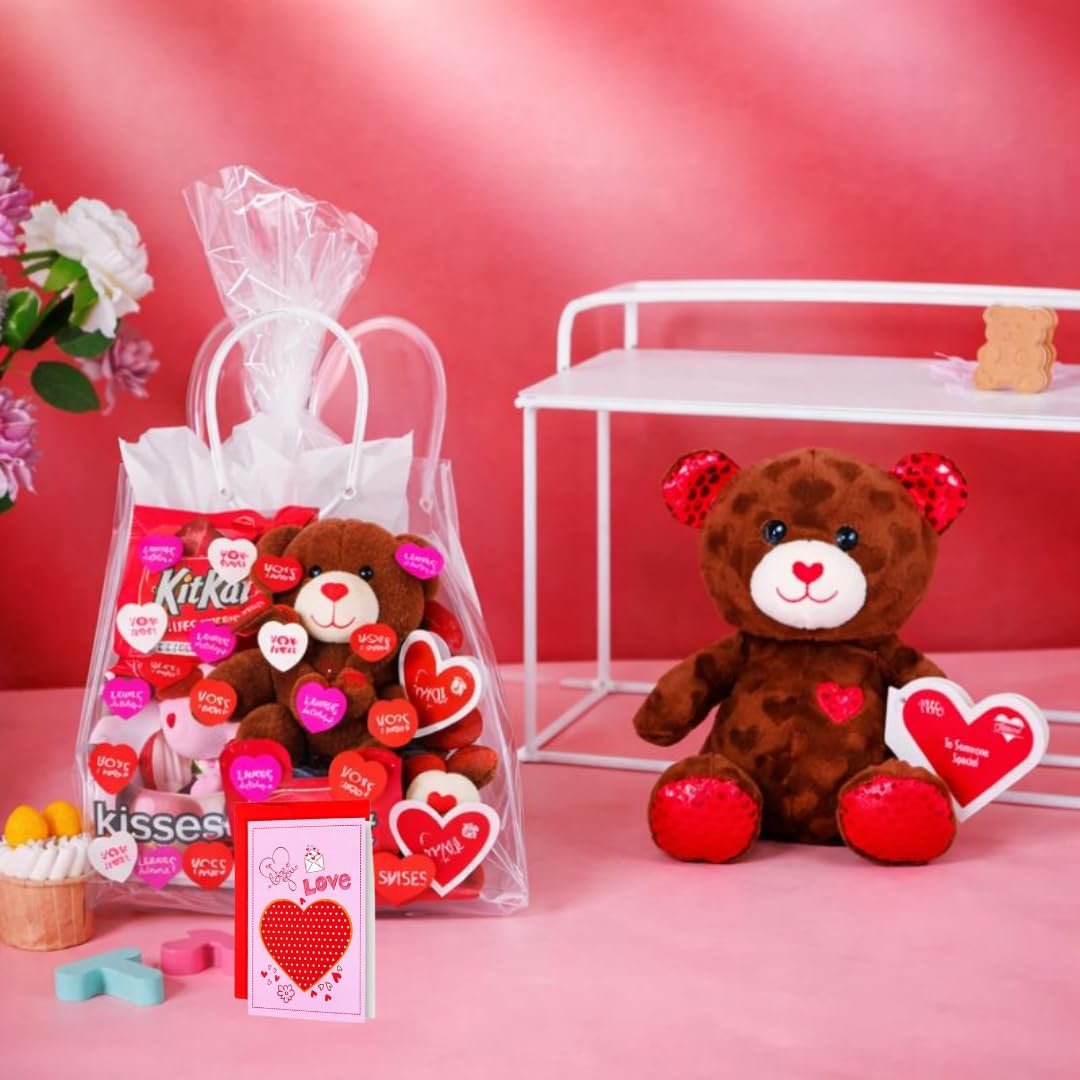 Valentine’s Day Package with Teddy Bear & Chocolate – Romantic Candy Gift Set for Her or Him, Valentine Day Gift Basket with Sweets, V-Day Heart Bag & Greeting Card Included - Image 7