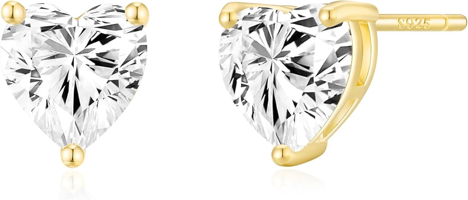 Sterling Silver Heart Stud Earrings for Women, 925 Silver Post with Cubic Zirconia, Hypoallergenic Cute Small Jewelry