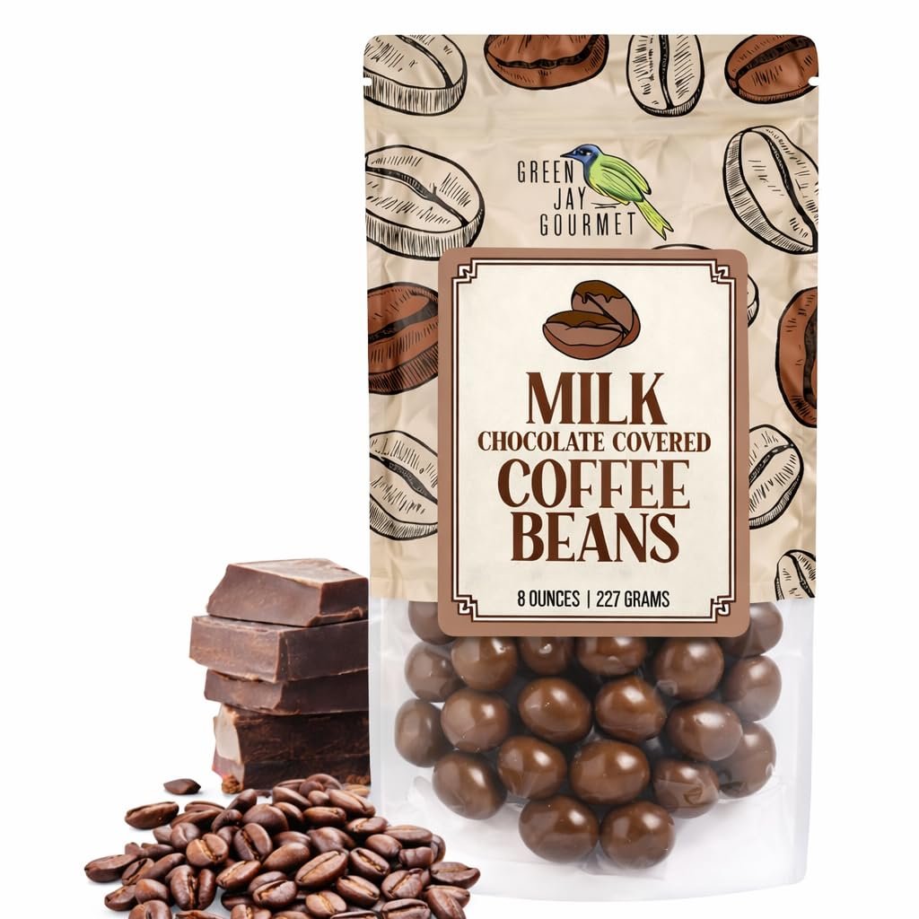 Green Jay Gourmet Milk Chocolate Covered Coffee Beans - Handmade & Fresh Milk Chocolate Espresso Beans - Great Gift for Chocolate Lovers - 8 Ounce Resealable Bag