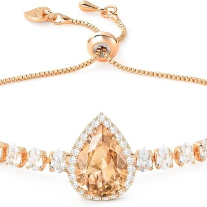 Linawe Crystal Imitation Diamond Rhinestone Charm Bracelets for Women, Gold/Silver/Rose Gold Adjustable Chain Bracelet, Teardrop Birthstone Cubic Zirconia Prom Costume Wedding Jewelry