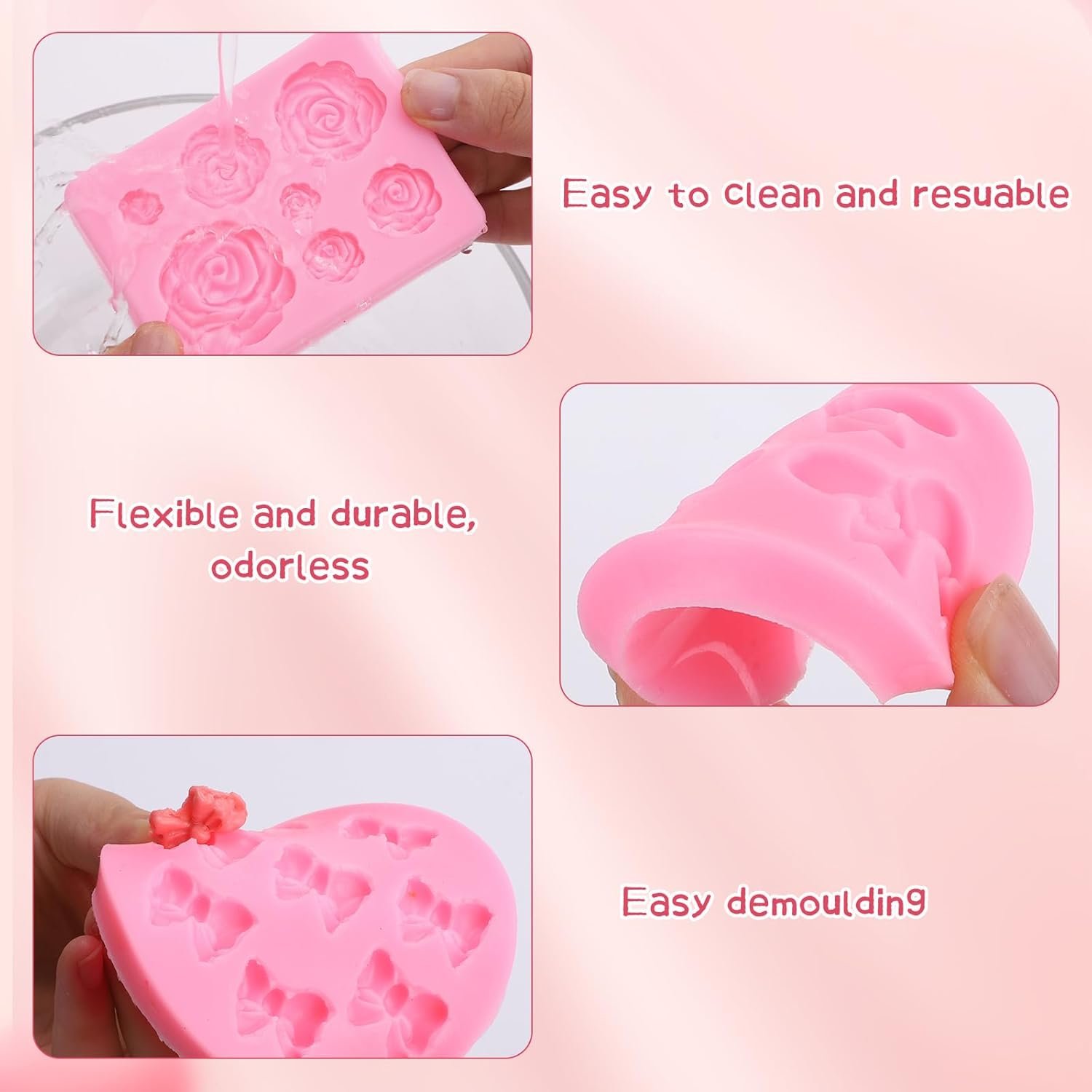 Pimoys 4 Pcs Flower&Bow Molds for Chocolate, Flower Chocolate Molds Silicone Cake Mold Bow Candy Mold Silicone for Wax Melts Birthday Cake Decoration Easter Gifts for Women - Image 4