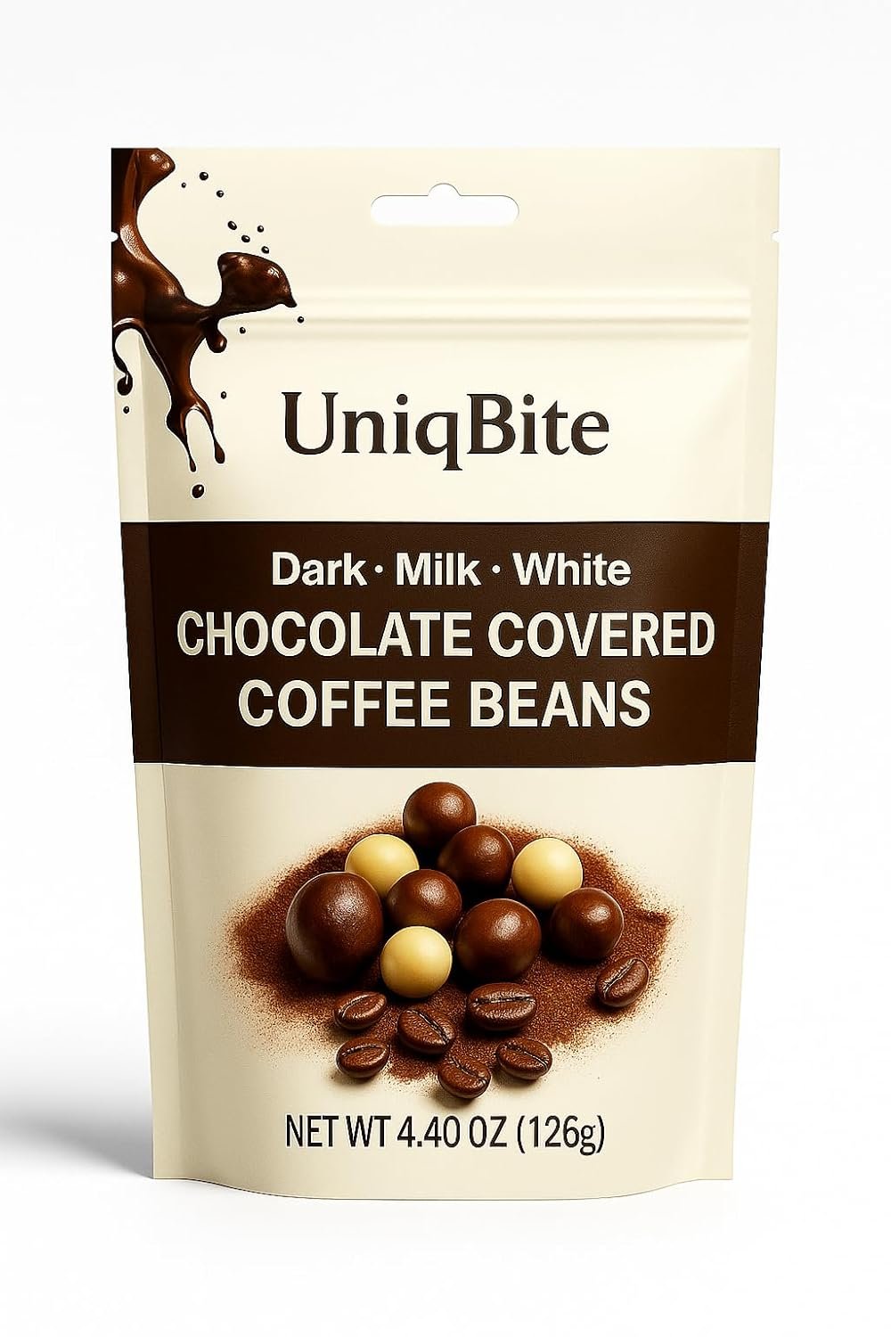 UNIQBITE Chocolate Covered Coffee Beans, 4.4 Oz, Mixed Chocolate Dragees with Whole Roasted Coffee, White-Dark-Milk Chocolates, Resealable Bag - Image 7