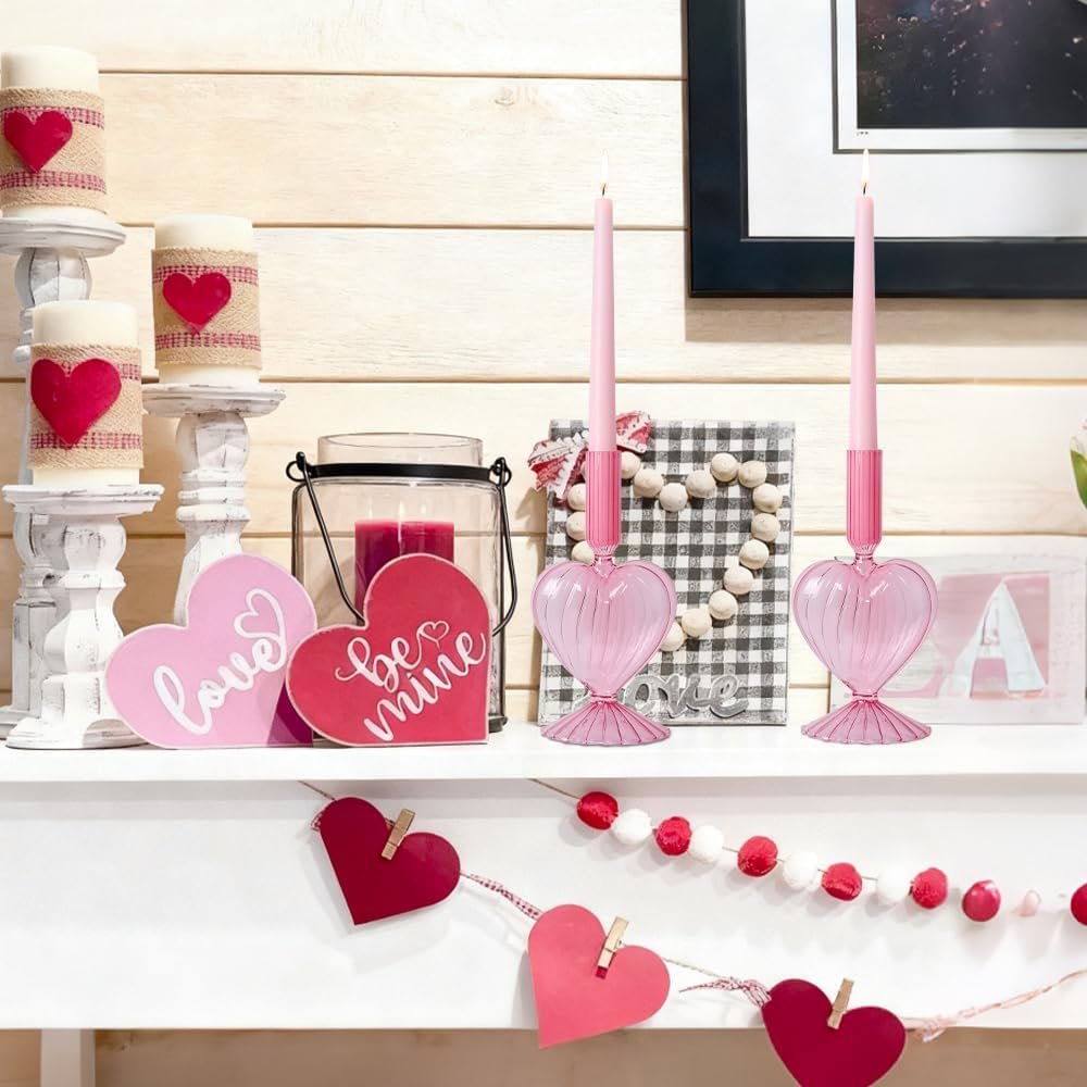 NEEDOMO Valentines Day Decorations, Set of 2 Pink Heart Glass Candlestick Holders for Valentines Decor, Taper Candle Holders Table Centerpieces for Romantic Wedding Party Mantel Decor - Image 7