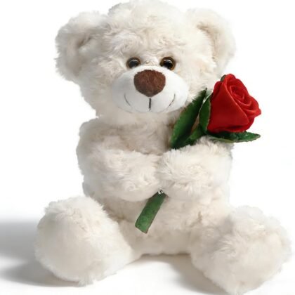 12'' Stuffed Teddy Bear Dolls with Rose, Soft Plush Animal Toys for Her/Girlfriend Lover Mom Kids Gifts (White/Rose)