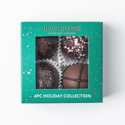 Moonstruck Chocolate 4-Piece Holiday Chocolate Truffle Gift Box and Stocking Stuffer - Assorted Flavors: Peppermint, Vanilla Bean, Irish Cream, and Dark Chocolate