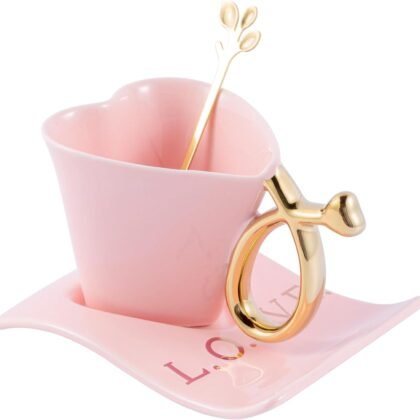 135 ml / 4.56 oz Porcelain Espresso Cups Heart-Shaped Cup Mug with Saucers and Spoon Ceramic Coffee Tea Cups (Pink)