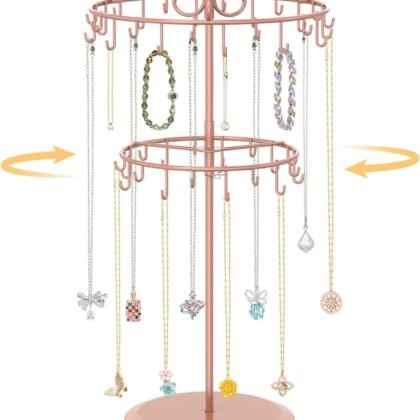 EsLuker.ly Necklace Holder Organizer Rotating Display Stand, 2 Tier Adjustable Height Necklaces Hanger Tree with 42 Hooks, Metal Tall Jewelry Bracelet Storage Rack for Women Vendors Sell, Rose Gold