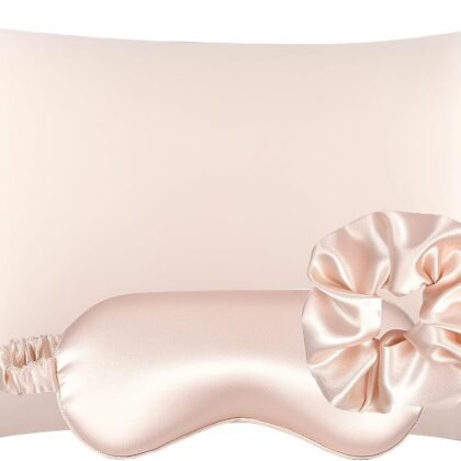 Vegan Silk Sleep Set, Vegan Silk Pillowcase with Large Scrunchie and Eye Mask for Hair and Skin, Self Care Essential Satin Night Routine Kit (Light Pink Color)