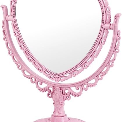 Heart Shaped Cute Vanity Princess Mirror for Desk,Double-Sided Rotatable Table with Stand Downtown Girl Room Coquette Decor (Pink)