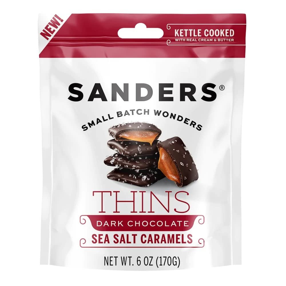Sanders Dark Chocolate Sea Salt Caramel Thins, 6 Ounce Bag, Kettle Cooked, Made with Real Cream and Butter, Small Batch Wonders