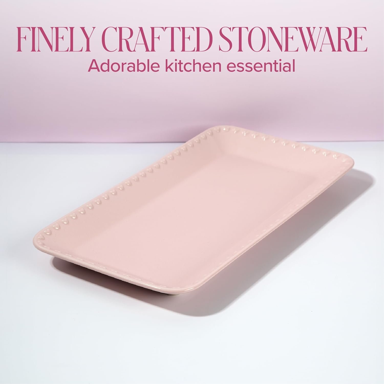 Paris Hilton Rectangle Ceramic Stoneware Serving Platter Tray, Embossed Hearts, Microwave Safe, 15x8-Inch, Pink - Image 2