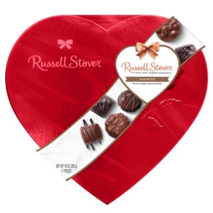 Russell Stover Valentine's Day Red Foil Heart - Assorted Milk and Dark Chocolate - 17 Pieces Per Box - Great For Sharing with Friends and Family