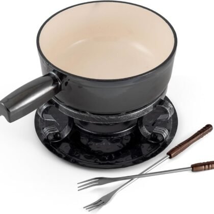 Swissmar Lugano Cast Iron Cheese Fondue Set, 9-Piece, 2 QT / 2 L - Ideal for Melting Cheese, Chocolates, Caramel, & More - Perfect for Kitchen Collection & Gift Giving - Metallic Black