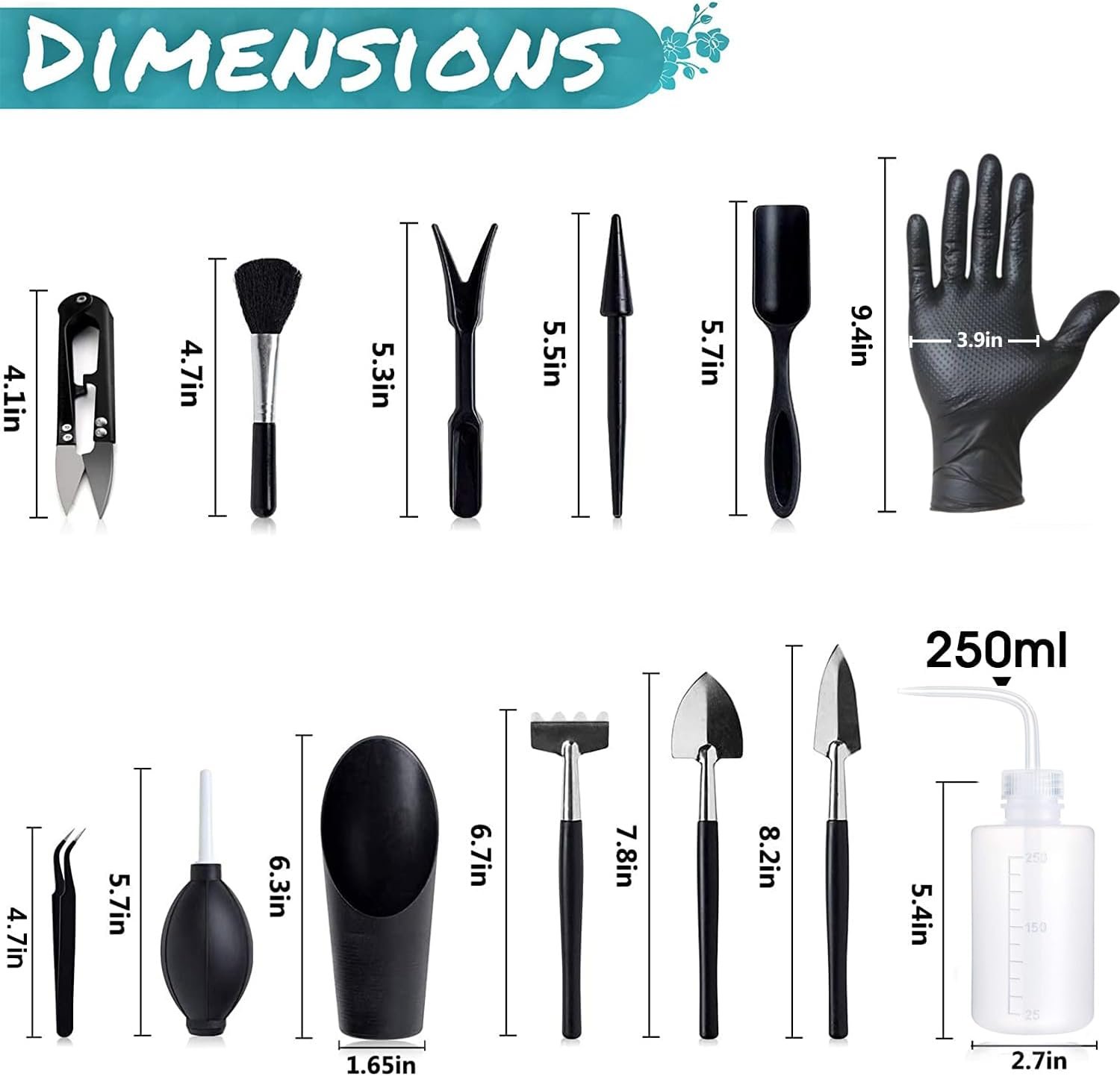 Melphoe 25Pcs Mini Garden Hand Transplanting Succulent Tools Set, 39.4" Thickened Repotting Mat & Plant Tag, Miniature Planting Indoor Fairy Care, Potting, Cactus, Houseplant Bonsai Tool Kit (Black) - Image 6