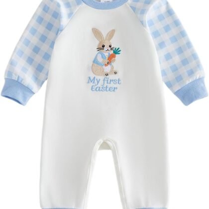 FYBITBO Infant Baby Boy Girl Clothing Bunny Embroidery Jumpsuit Long Sleeve Romper Newborn Easter Outfit One Piece Clothes