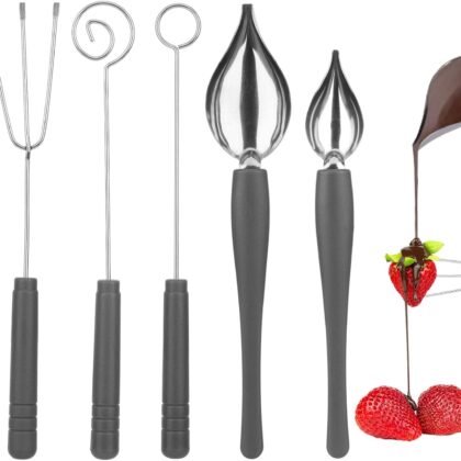 Chocolate Dipping Tool Set,2Pcs Drawing Decorating Spoon + 3Pcs Candy Dipping Tools,Stainless Steel Art Pencil Spoons Plated Decoration Spoons Set,for Decor Plates Cake Coffee