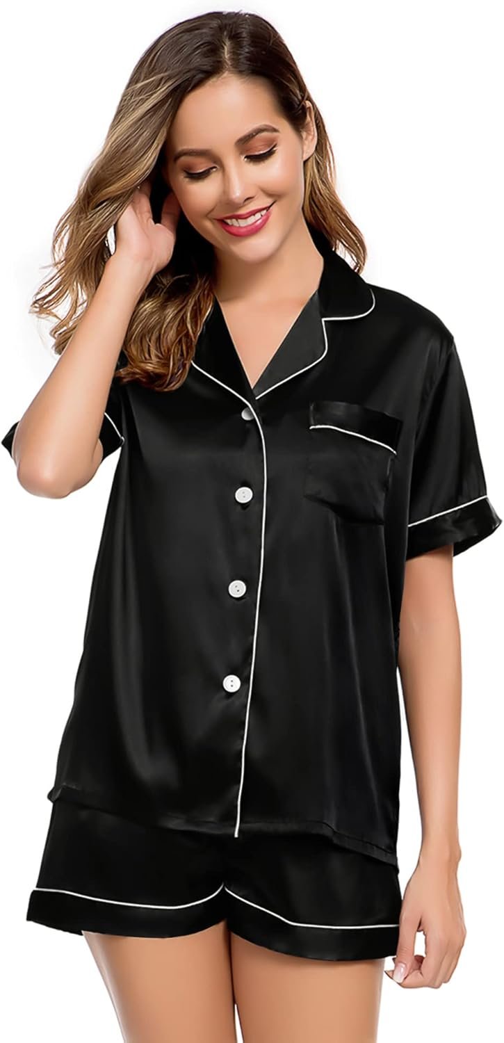 LecGee Womens Silk Satin Pajamas Short Sleeve Loungewear Two-Piece Sleepwear Button-Down Pj Set - Image 2