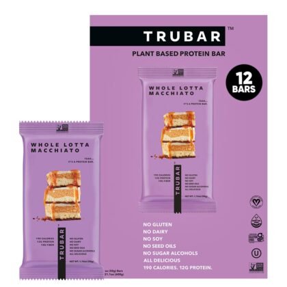 TRUBAR Vegan Protein Bar, Whole Lotta Macchiato, Gluten Free, Plant Based Protein, Dairy Free, Non GMO, Soy Free, No Sugar Alcohols, 12G Protein, 12G Fiber, 23G Carb, On the Go Snack Bars, 12 CT