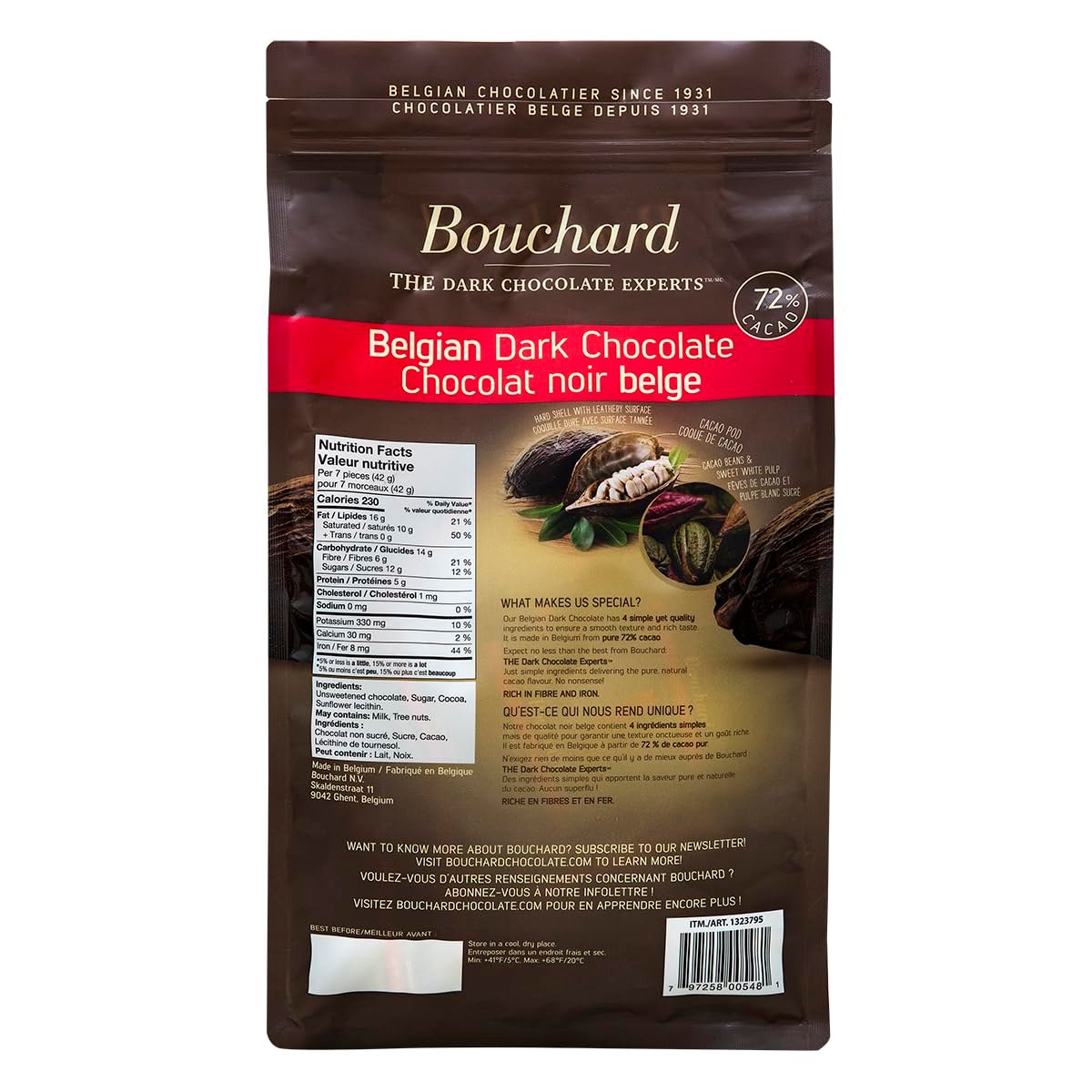 Bouchard Premium Belgian Dark Chocolate with 72% Cacao | Individually Wrapped Pieces (2 LB) (CAN) - Image 2