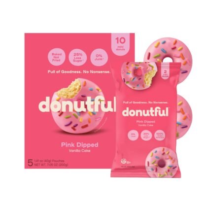 Donutful Pink Sprinkle Dipped Mini Donuts – Baked Not Fried, Less Sugar, Nothing Artificial, Non-GMO, Individually Wrapped Snack Packs (30 Donuts/Box)
