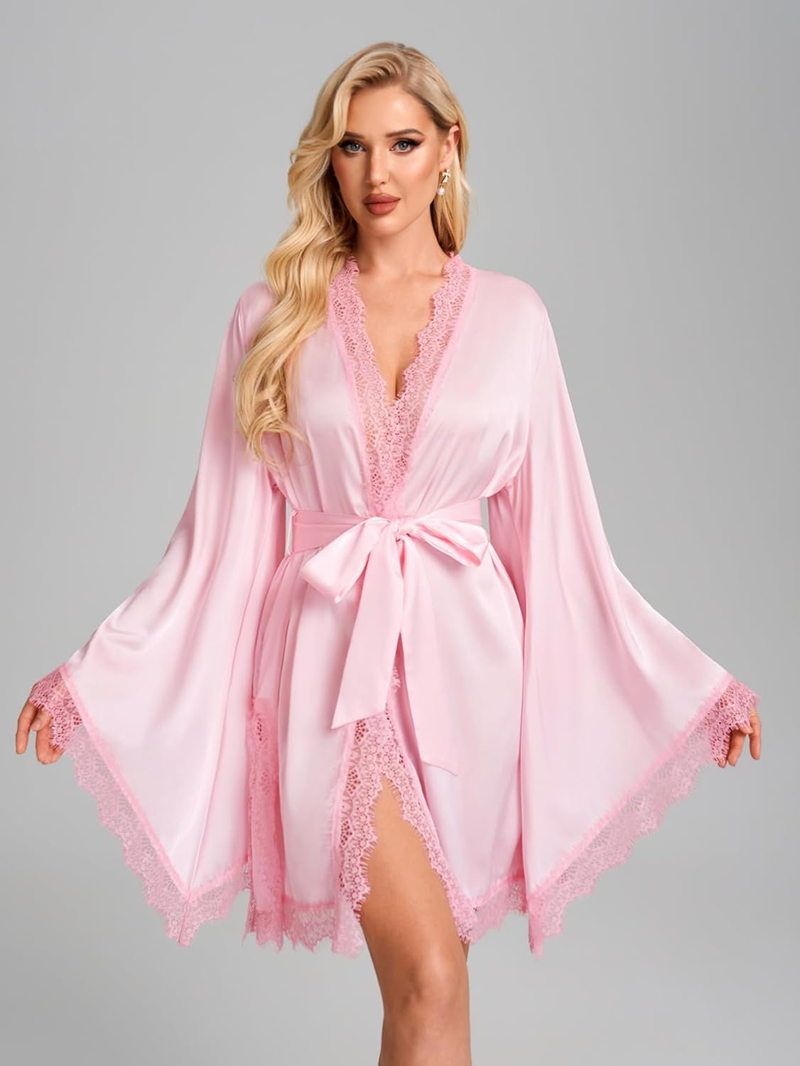 Womens Satin Robe Lace Trim High Side Slit Kimono Short Silky Bathrobe Sexy Sleepwear Eyelash Lace Trim Bell Sleeve - Image 3