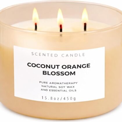 Coconut Orange Blossom Scented Candle - Large 3-Wick Aromatherapy Soy Candle, 15.8 oz - Highly Scented, Clean Burning, Long Lasting Home Fragrance Gift for Women & Men