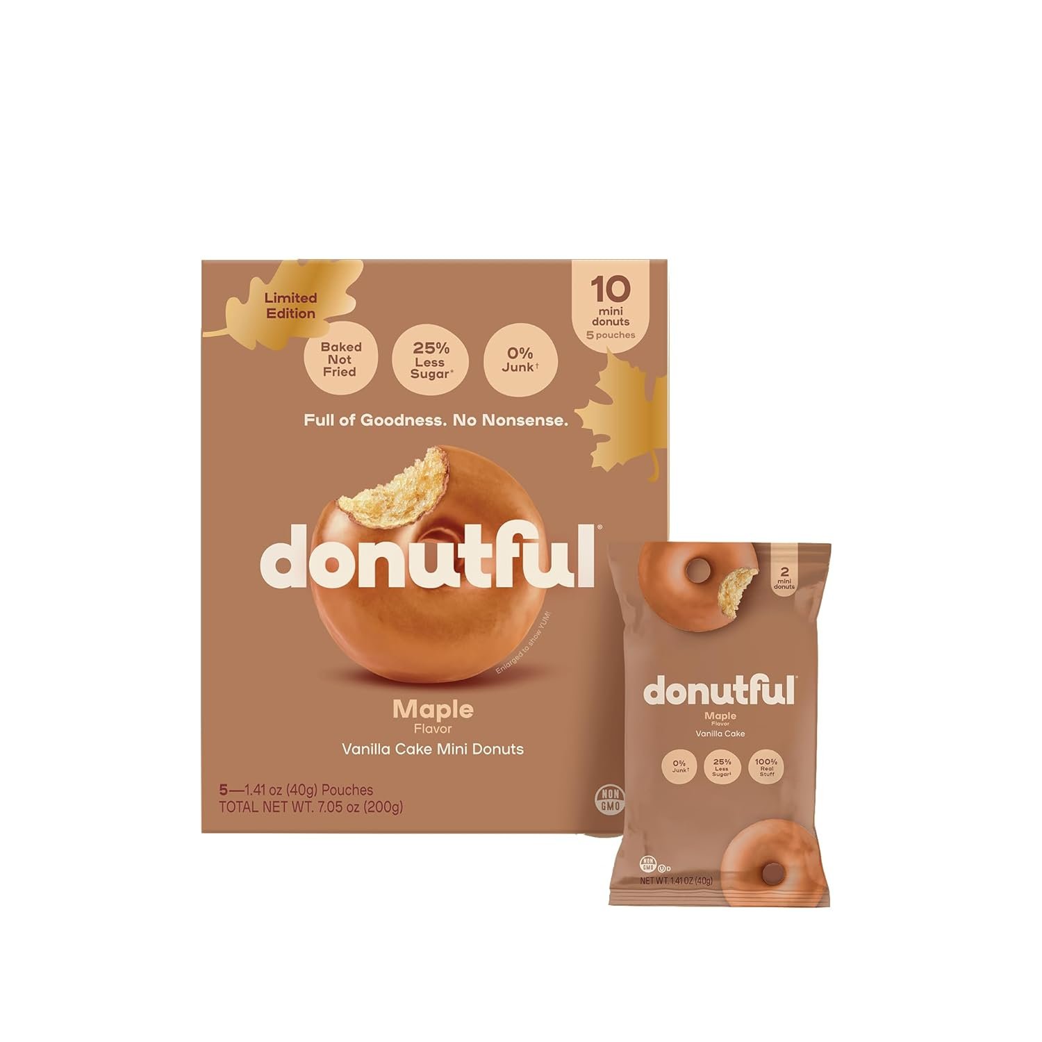 Donutful Maple Mini Donuts – Baked Not Fried, Less Sugar, Nothing Artificial, Non-GMO, Individually Wrapped Snack Packs (30 Donuts/Box)