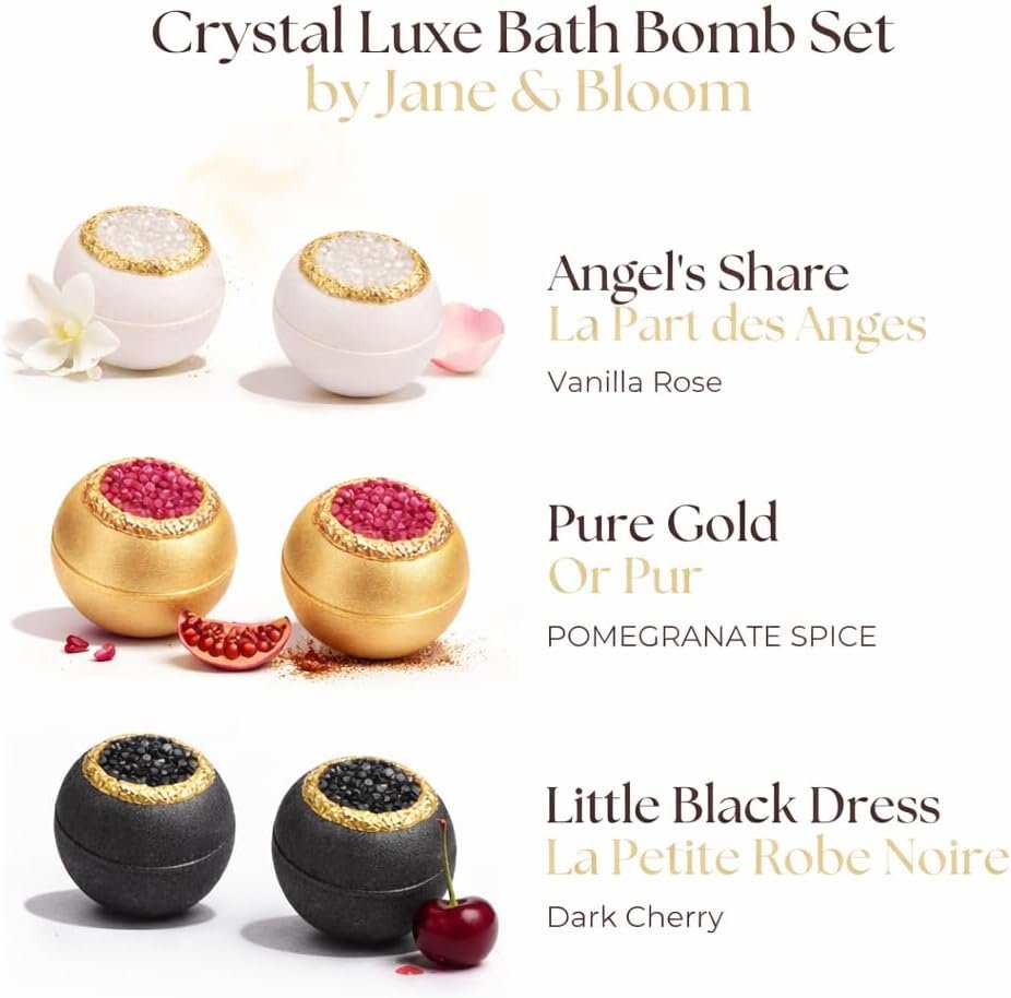 Crystal Luxe Bath Bomb Set, 6 Luxury Bath Bombs by Jane & Bloom, Moisturizing Fizzies for Relaxing Home Spa, Gift Set for Women, Men and Teens, Valentine's Day Gift Set - Image 2