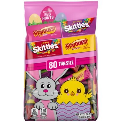 SKITTLES & STARBURST Mixed Funsize Variety Bag Stand Up Pouch, Easter Candy Bulk for Filling Eggs, Easter Basket Stuffers, 32.28 Ounce Bag